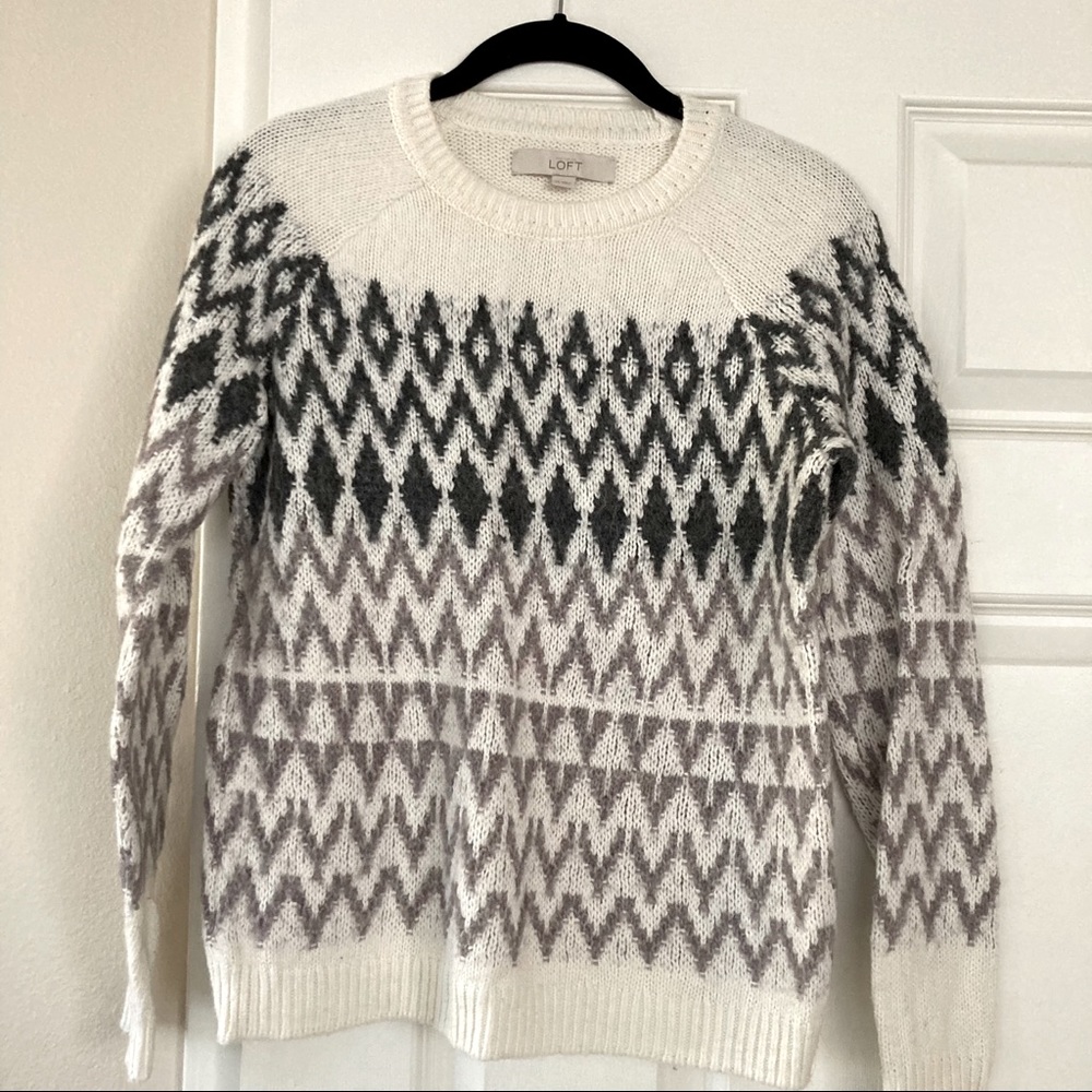 Loft cream sweater with grey and lavender pattern